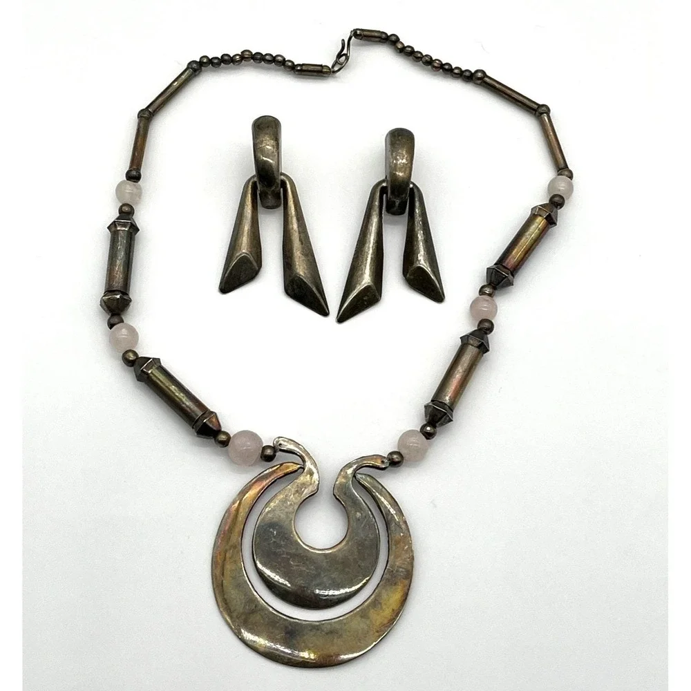 Vintage Brutalist Style Necklace & Clip Earrings Silver Tone 80s